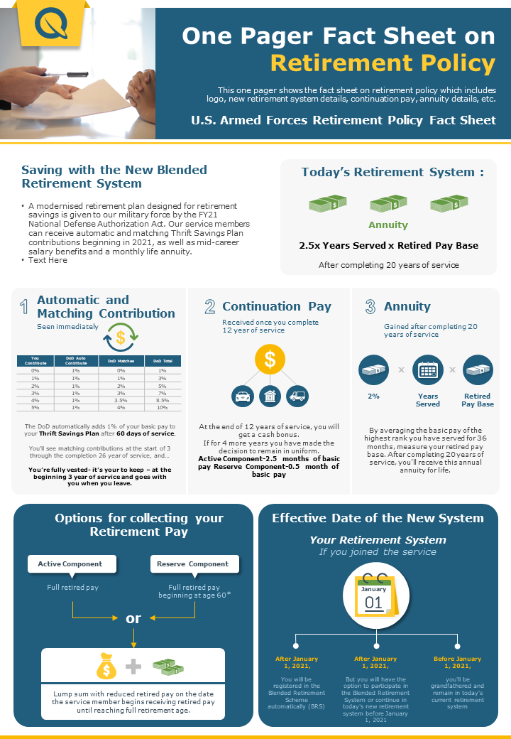 One Pager Fact Sheet on Retirement Policy Presentation Report