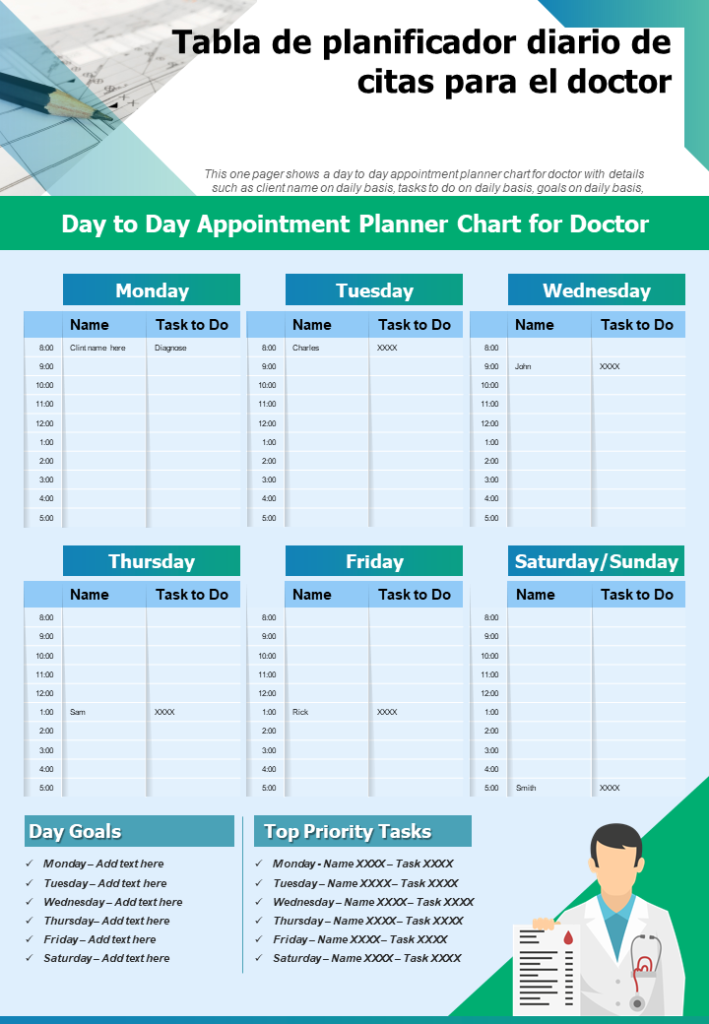 Tabla de planificador diario de citas para el doctor