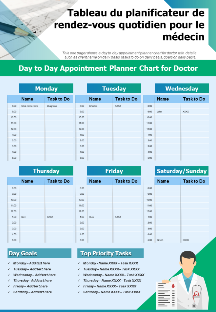 Tableau du planificateur de rendez-vous quotidien pour le médecin