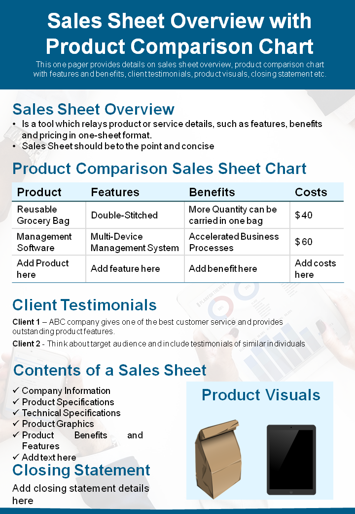 Sales Sheet Overview with Product Comparison Chart PPT