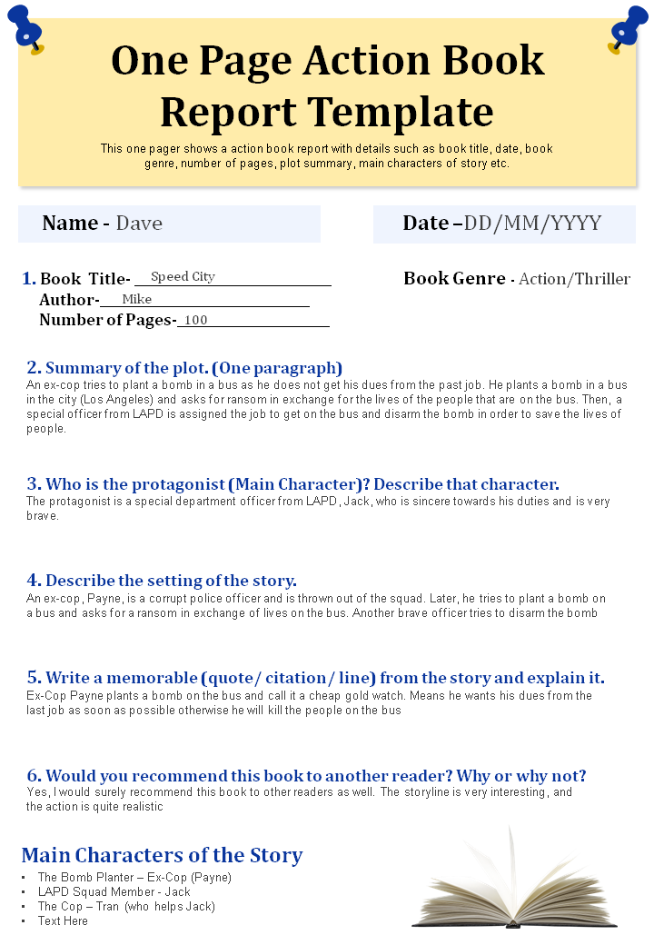 One Page Action Book Report Template
