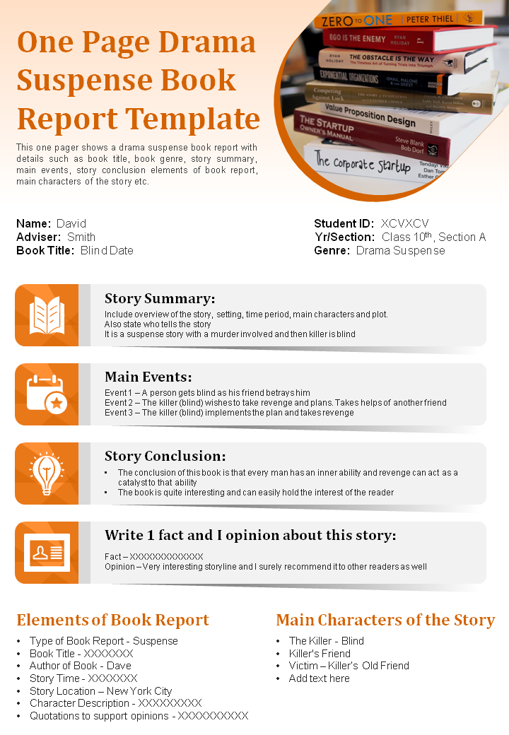 One Page Drama Suspense Book Report Template