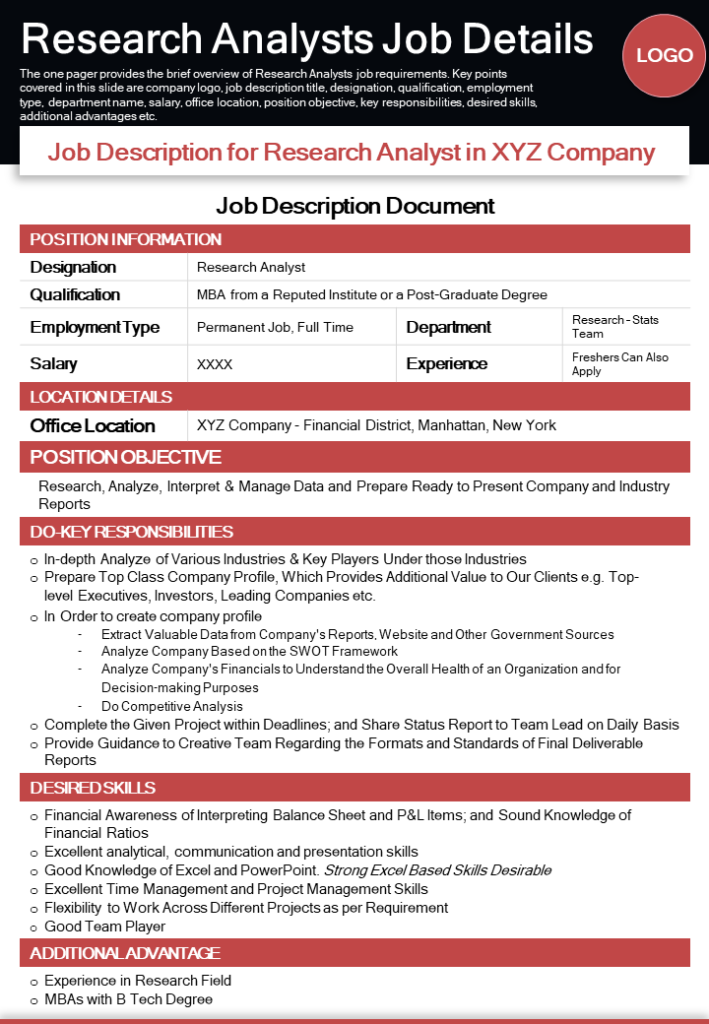 One-page Research Analyst Job Details Template