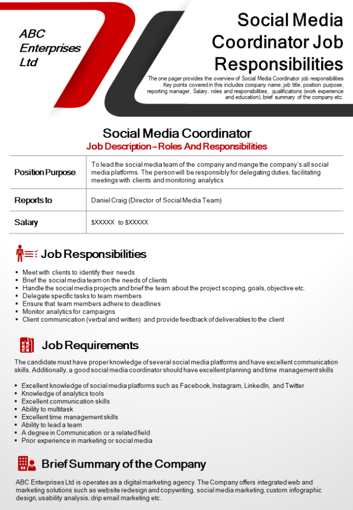 One-page Social Media Coordinator Job Description Template
