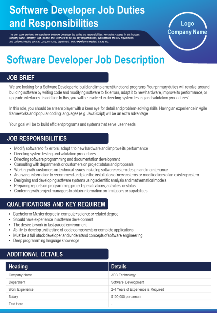 One-page Software Developer Job Description Template