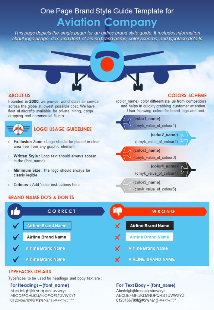 One-page Style Guide for Aviation Company.
