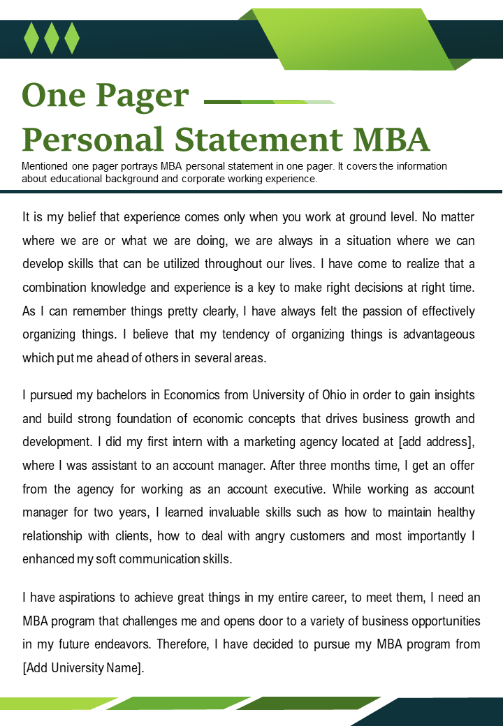 One pager personal statement mba presentation report infographic PPT PDF document
