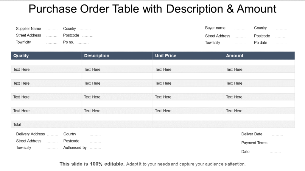 Purchase Order Table PPT Template