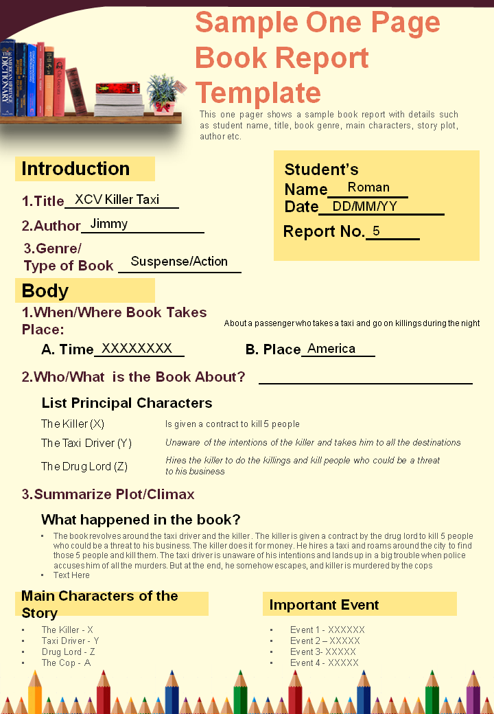 Sample One Page Book Report Template