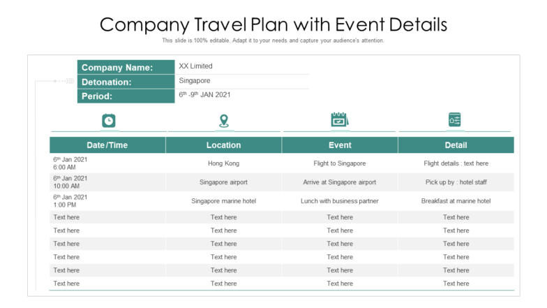 Company travel plan with event details