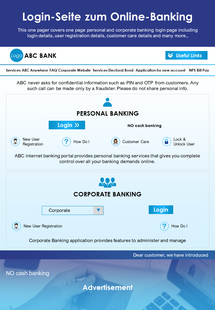 Online-Banking-Anmeldeseite Präsentationsbericht Infografik PPT-PDF-Dokument