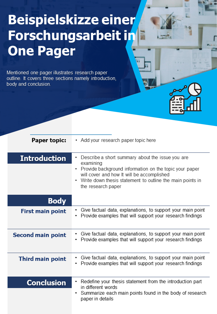 Beispielskizze einer Forschungsarbeit in einem One-Pager-Präsentationsbericht, Infografik, PPT-PDF-Dokument