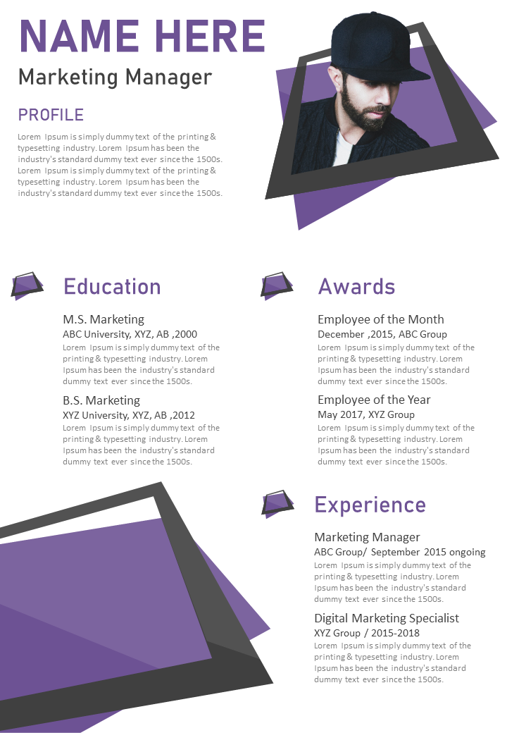 Creative visual resume template for marketing manager infographic