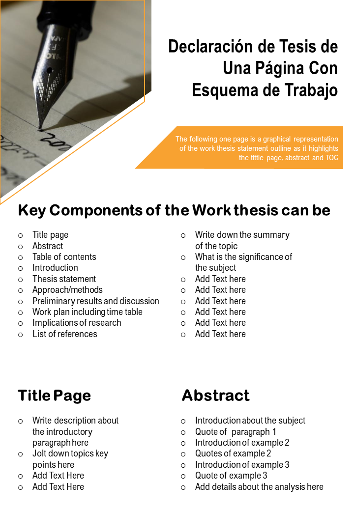Declaración de tesis de una página con informe de presentación de esquema de trabajo documento infográfico PPT PDF