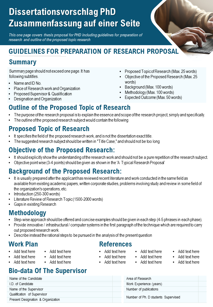 Dissertationsvorschlag Phd eine Seite zusammenfassender Präsentationsbericht Infografik PPT PDF-Dokument