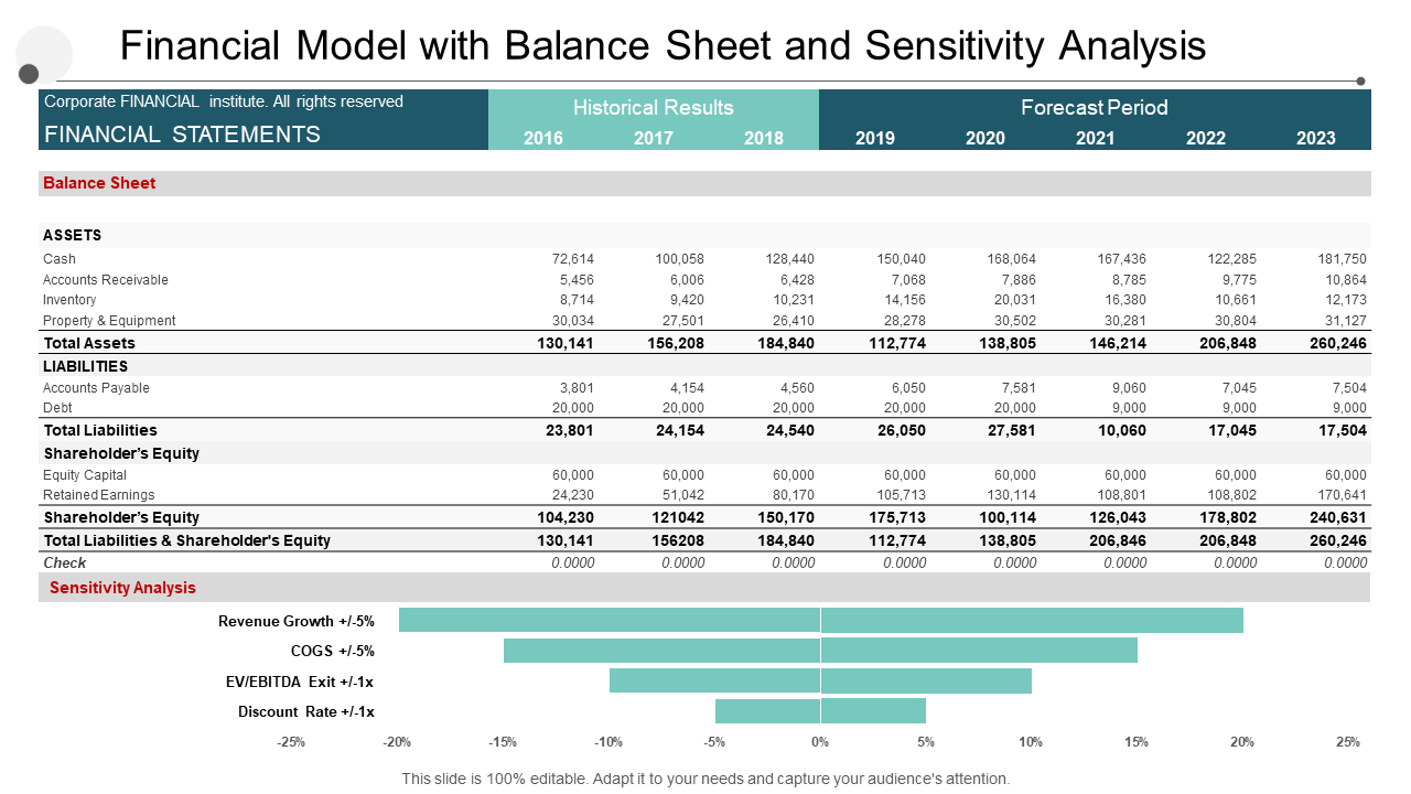 Financial model with balance sheet and sensitivity analysis PPT