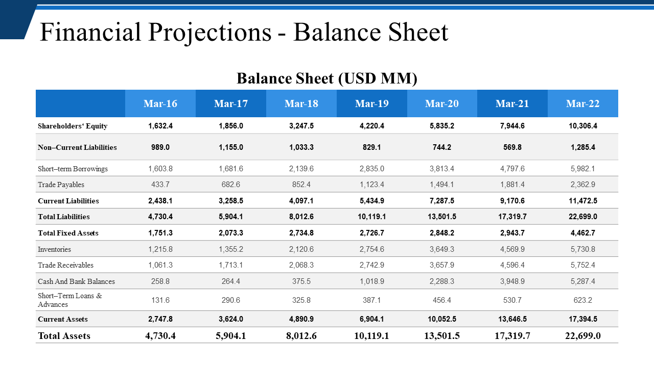 Financial projections balance sheet presentation visuals