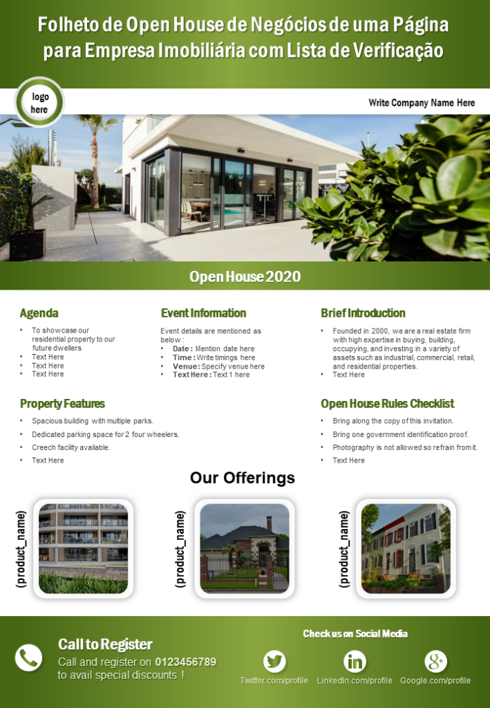 Folheto de Open House de Negócios de uma Página para Empresa Imobiliária com Lista de Verificação