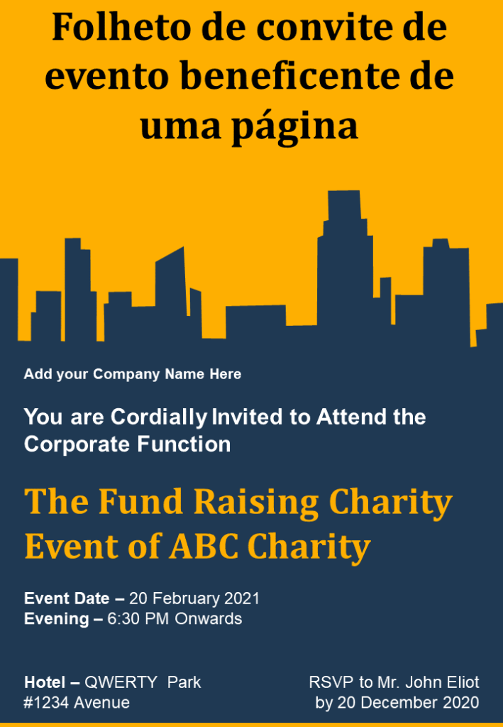Folheto de convite de evento beneficente de uma página