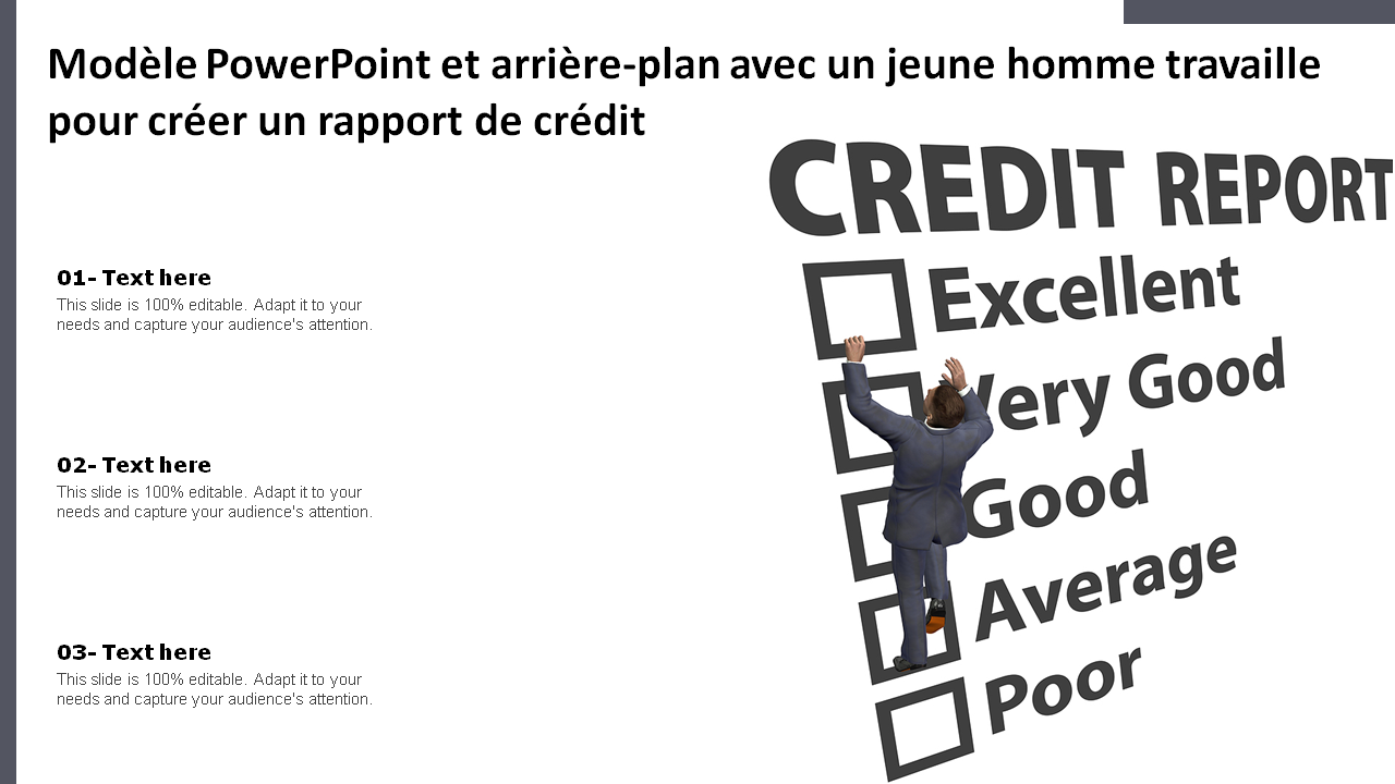 Modèle PowerPoint et arrière-plan avec un jeune homme travaille pour créer un rapport de crédit