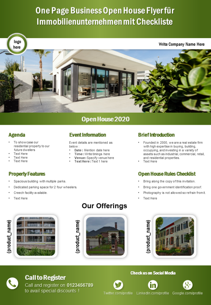 One Page Business Open House Flyer für Immobilienunternehmen mit Checkliste