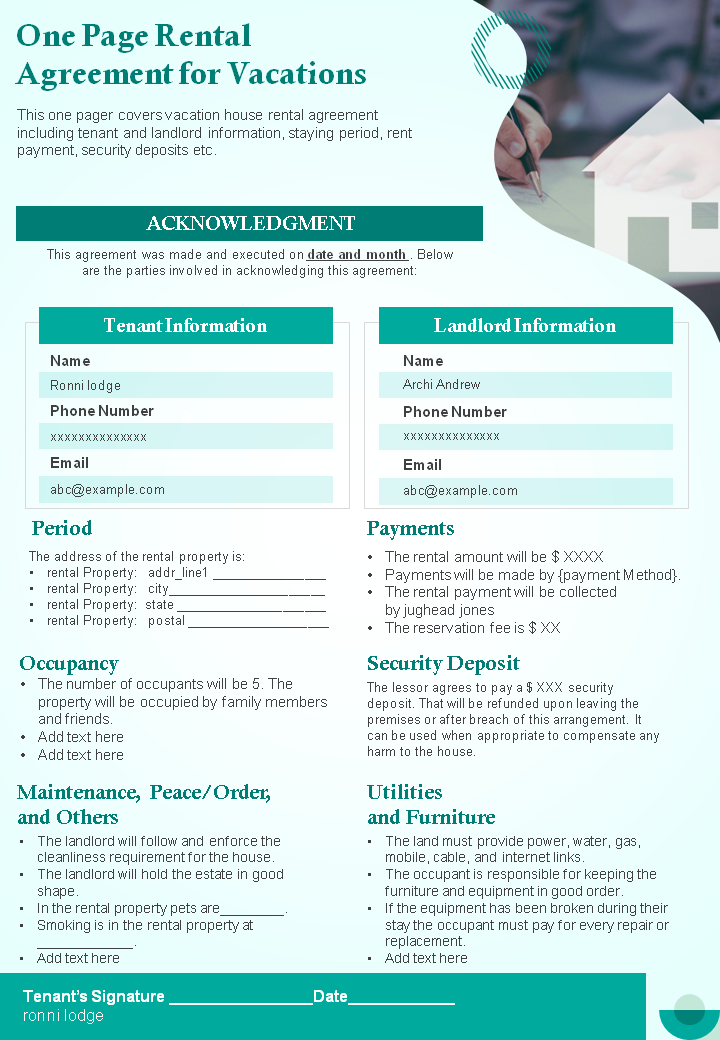 One Page Rental Agreement for Vacations