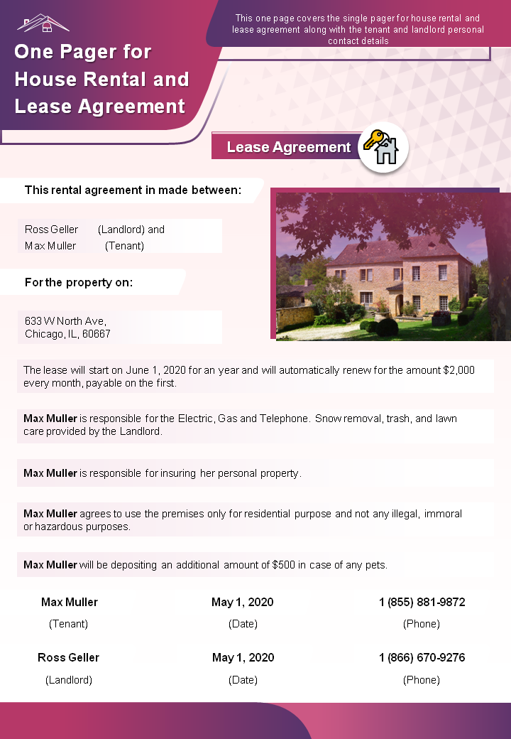 One Pager for House Rental and Lease Agreement