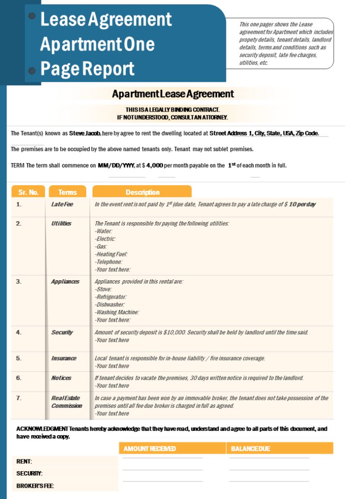 One-page Lease Agreement for Apartment