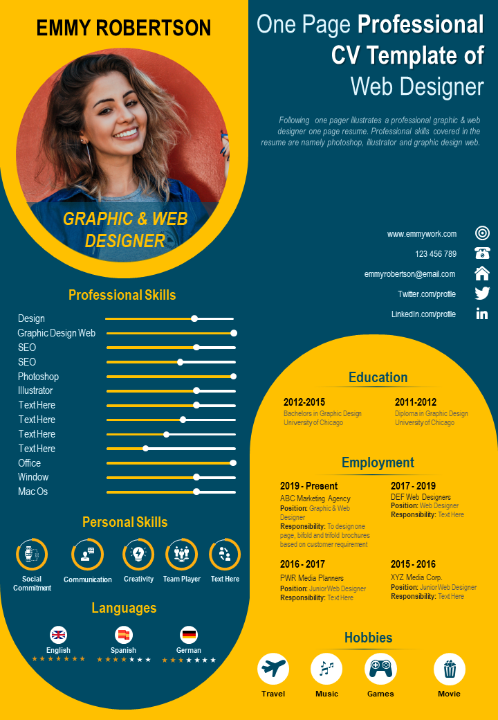 One page professional CV template of web designer
