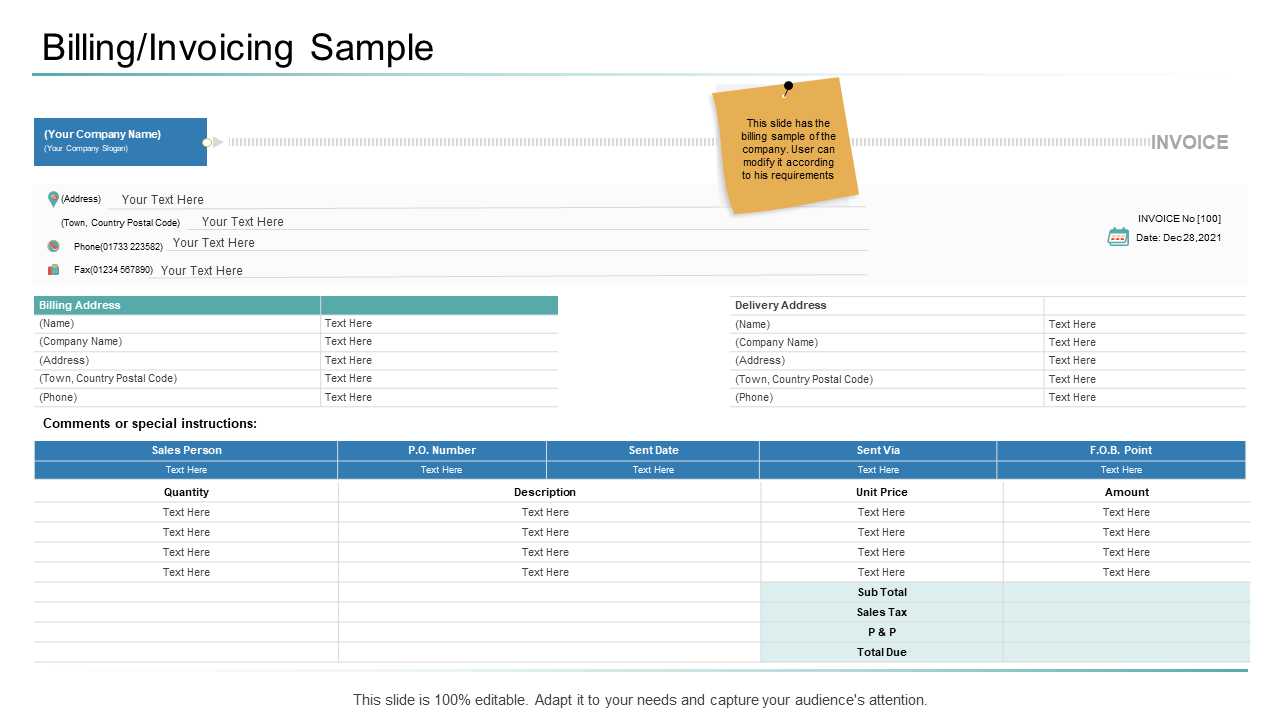 Organizational management billing invoicing sample description PPT visual layouts