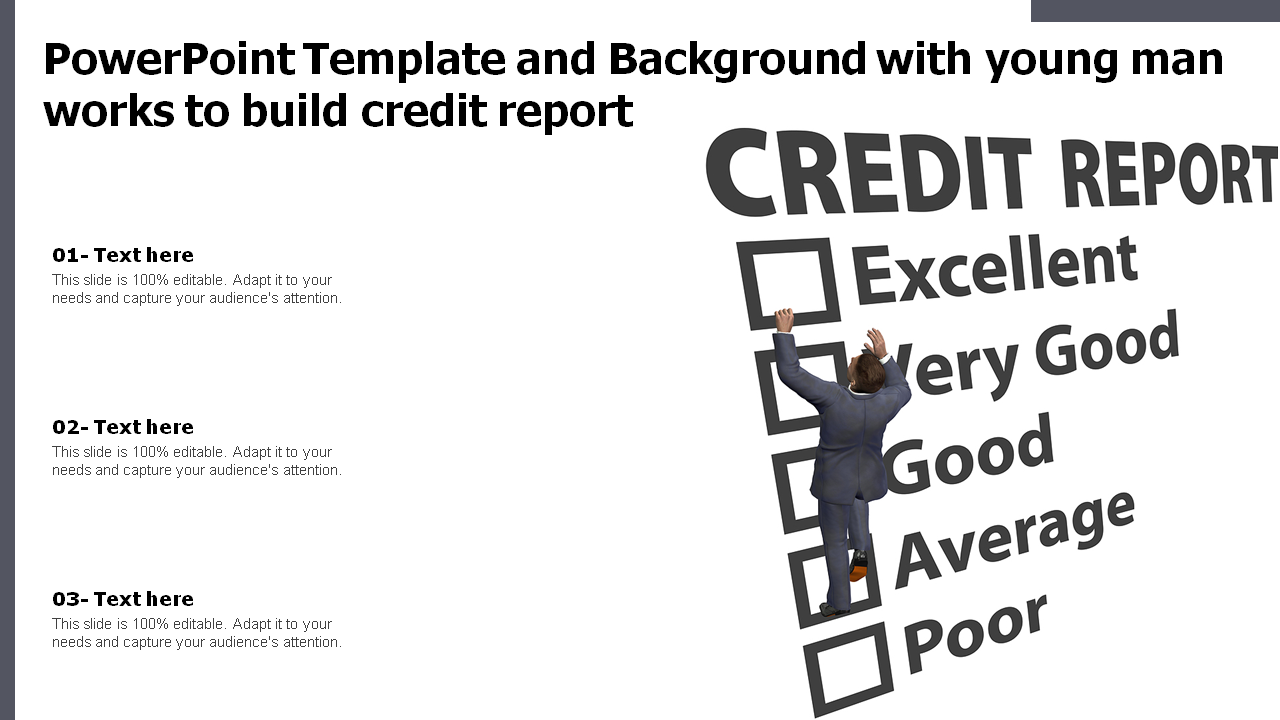 PowerPoint Template and Background with young man works to build credit report
