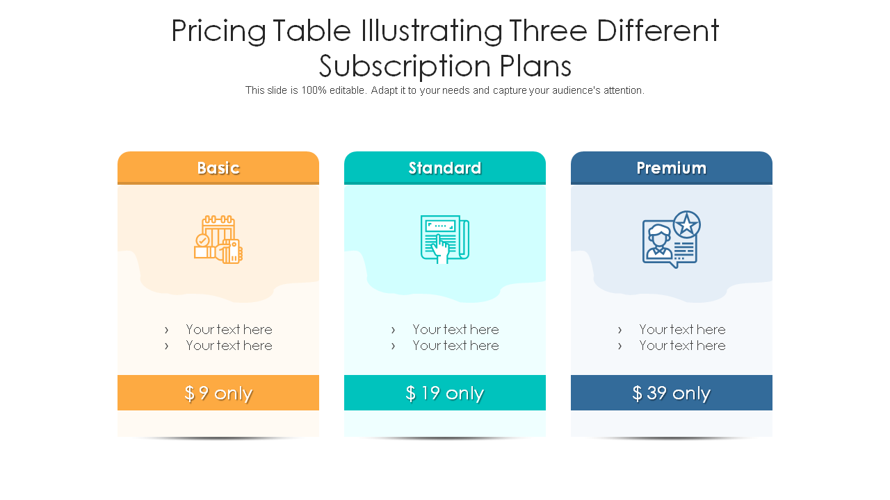 Pricing Table Illustrating Three Different Subscription Plans