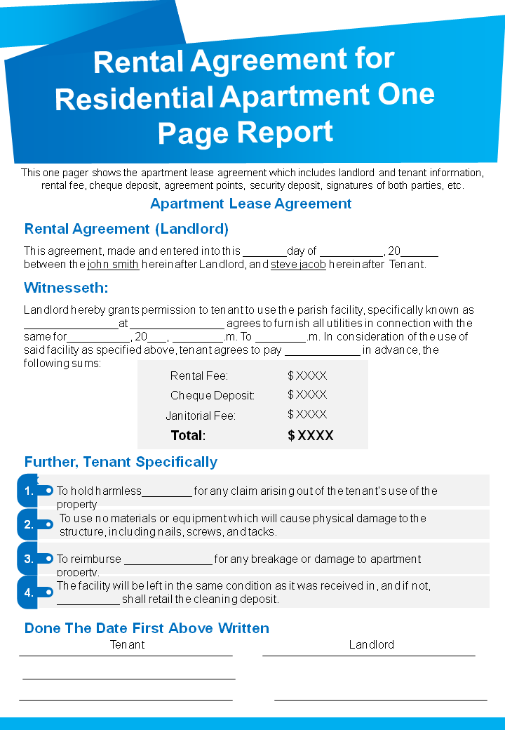 Rental Agreement for Residential Apartment One Page Report
