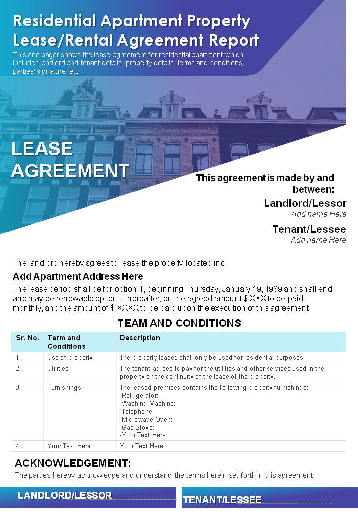 Residential Apartment Property Lease or Rental Agreement Report