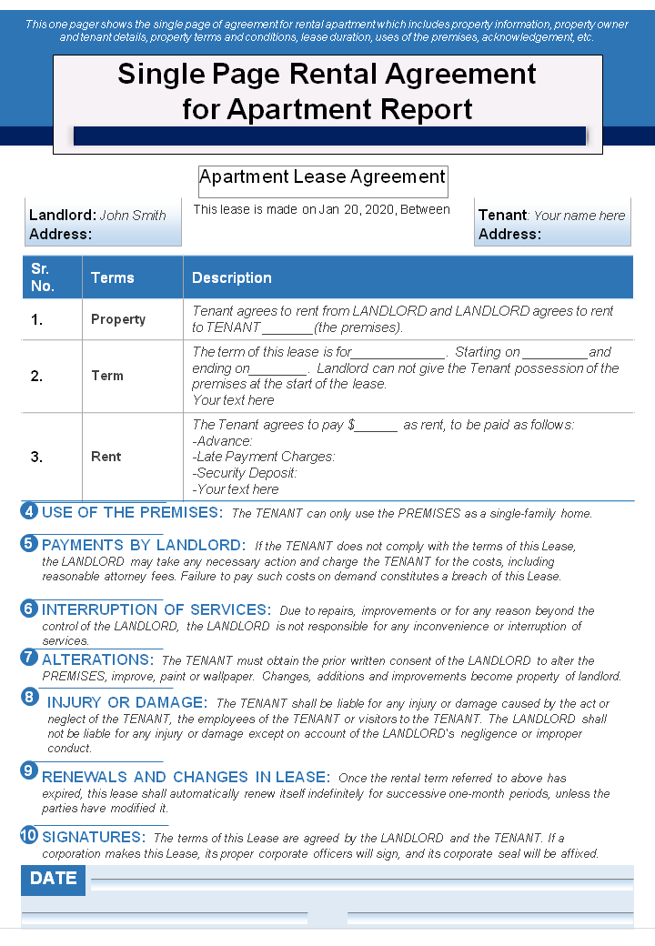 Single Page Rental Agreement for Apartment Report