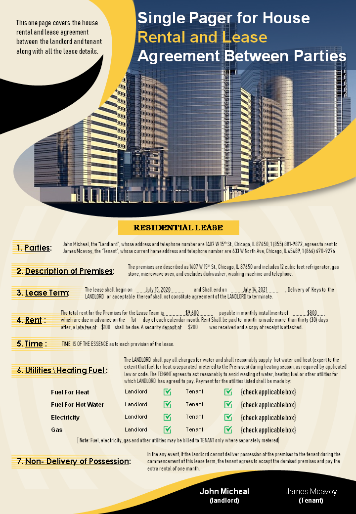 Single Pager for House Rental and Lease Agreement Between Parties