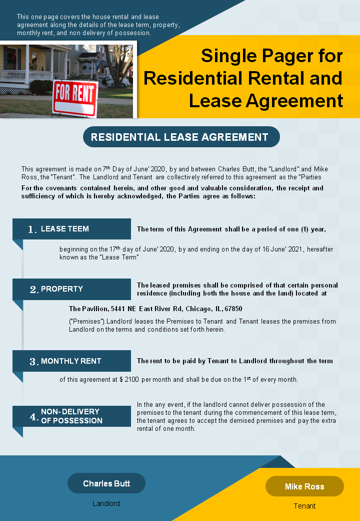 Single Pager for Residential Rent and Lease Agreement