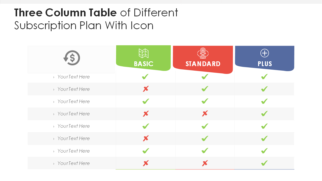 Three Column Table of Different Subscription Plan With Icon