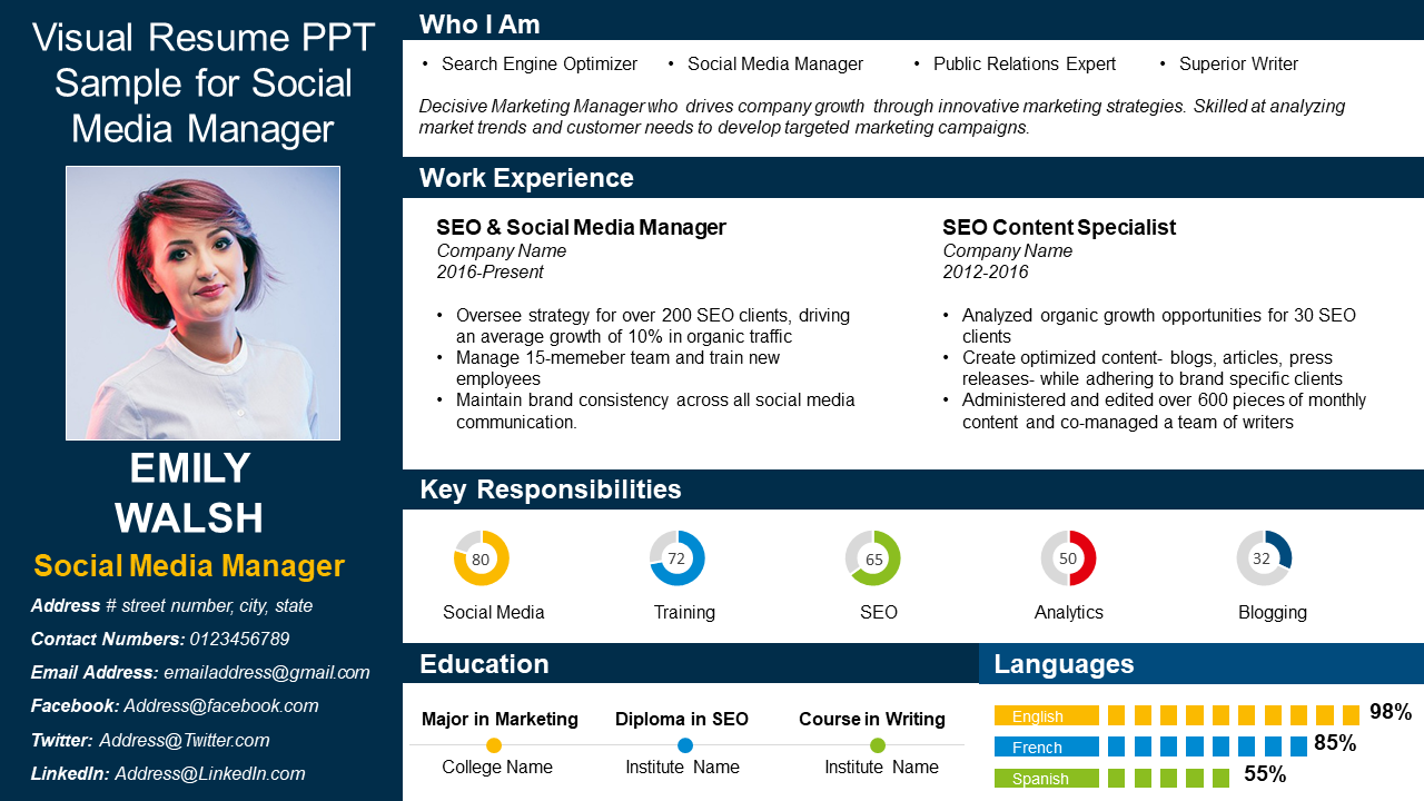 Visual resume PPT sample for social media manager