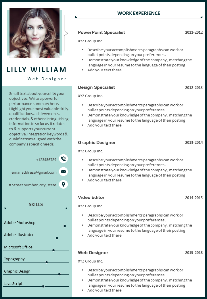 Web designer CV template with job description