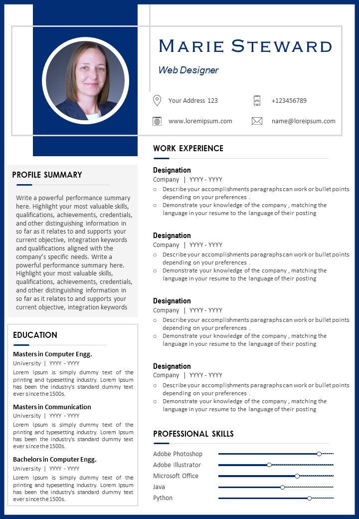 Web designer visual resume sample with professional skills