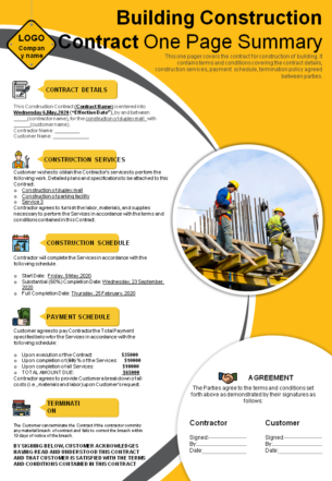 Building construction contract one page summary presentation report infographic ppt pdf document