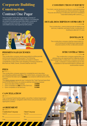 Corporate building construction contract one pager presentation report infographic ppt pdf document