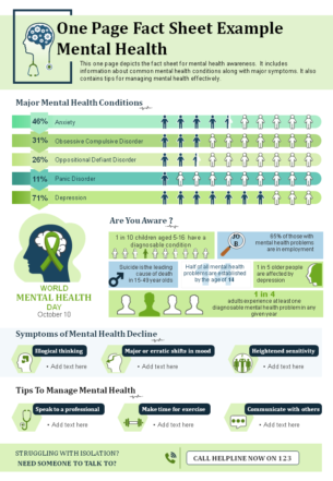 One page fact sheet example mental health presentation report infographic ppt pdf document