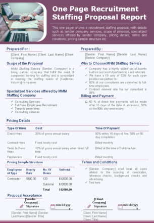 One page recruitment staffing proposal report presentation report infographic ppt pdf document