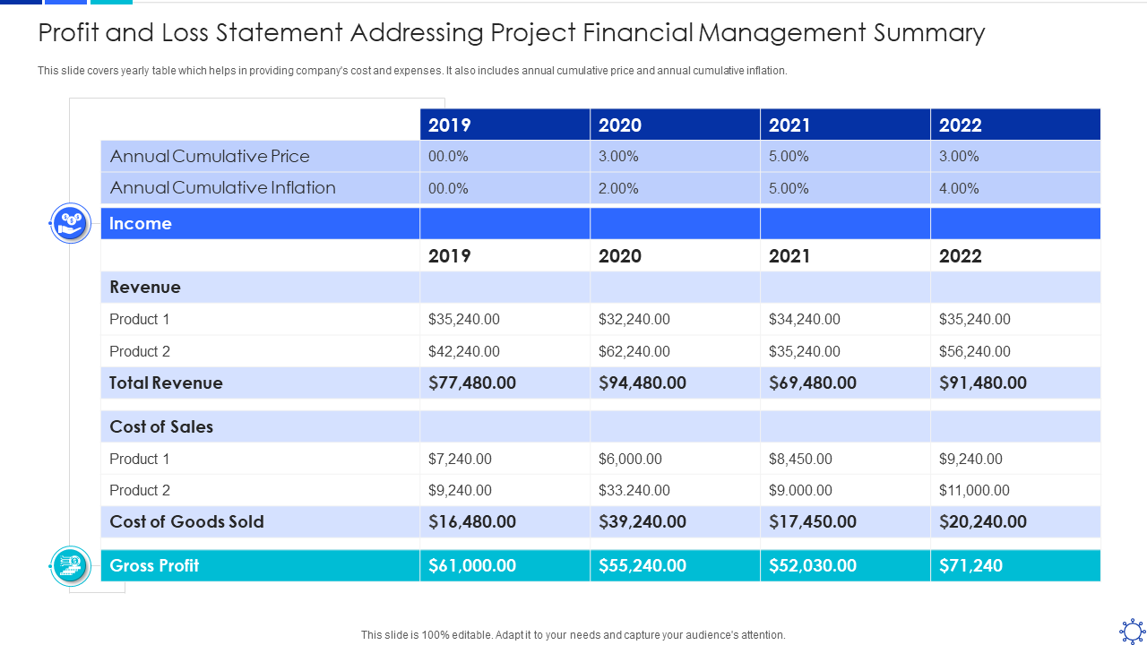 Profit and loss statement addressing project financial management summary