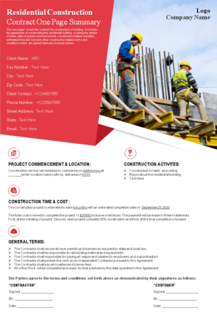 Residential construction contract one page summary presentation report infographic ppt pdf document