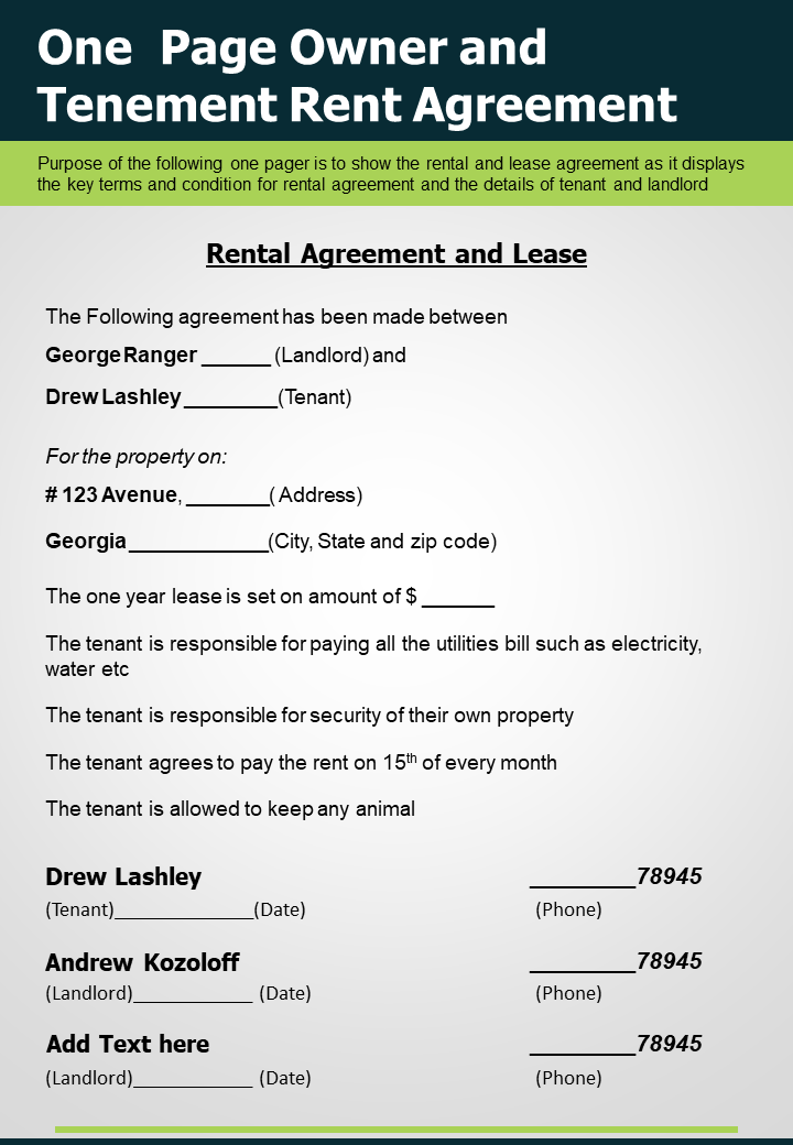 One page owner and tenement rent agreement presentation report