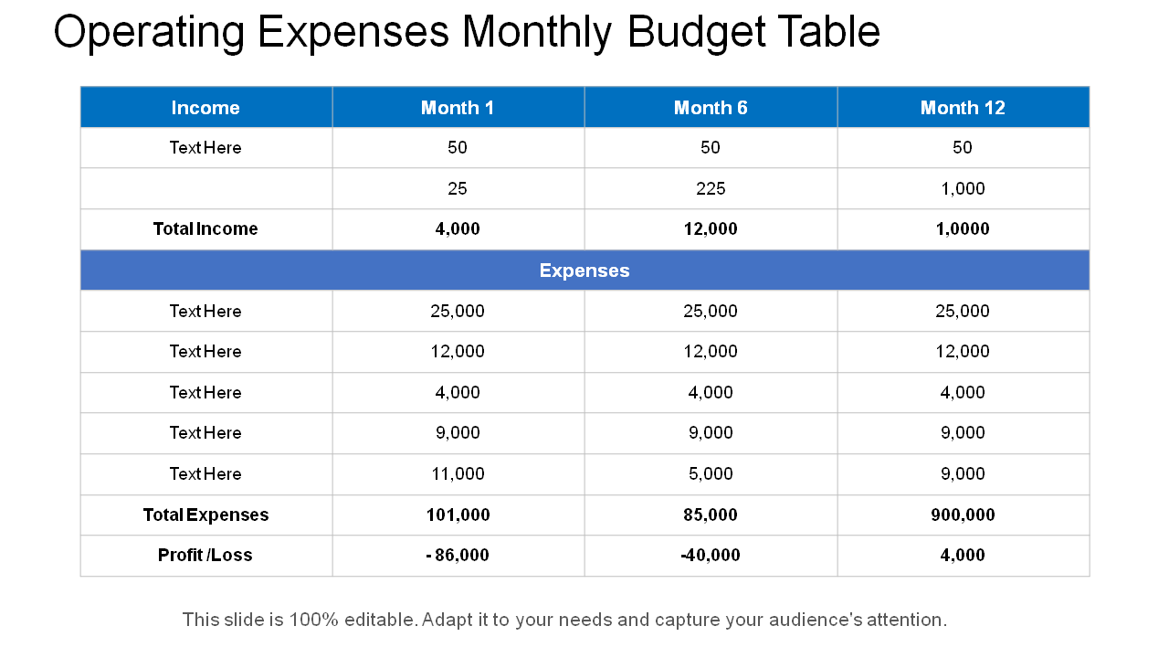 Operating Expenses Monthly Budget Table Template