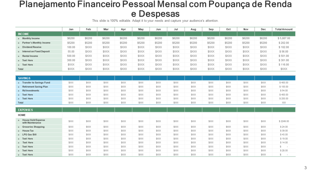 Planejamento Financeiro Pessoal Mensal com Poupança de Renda e Despesas